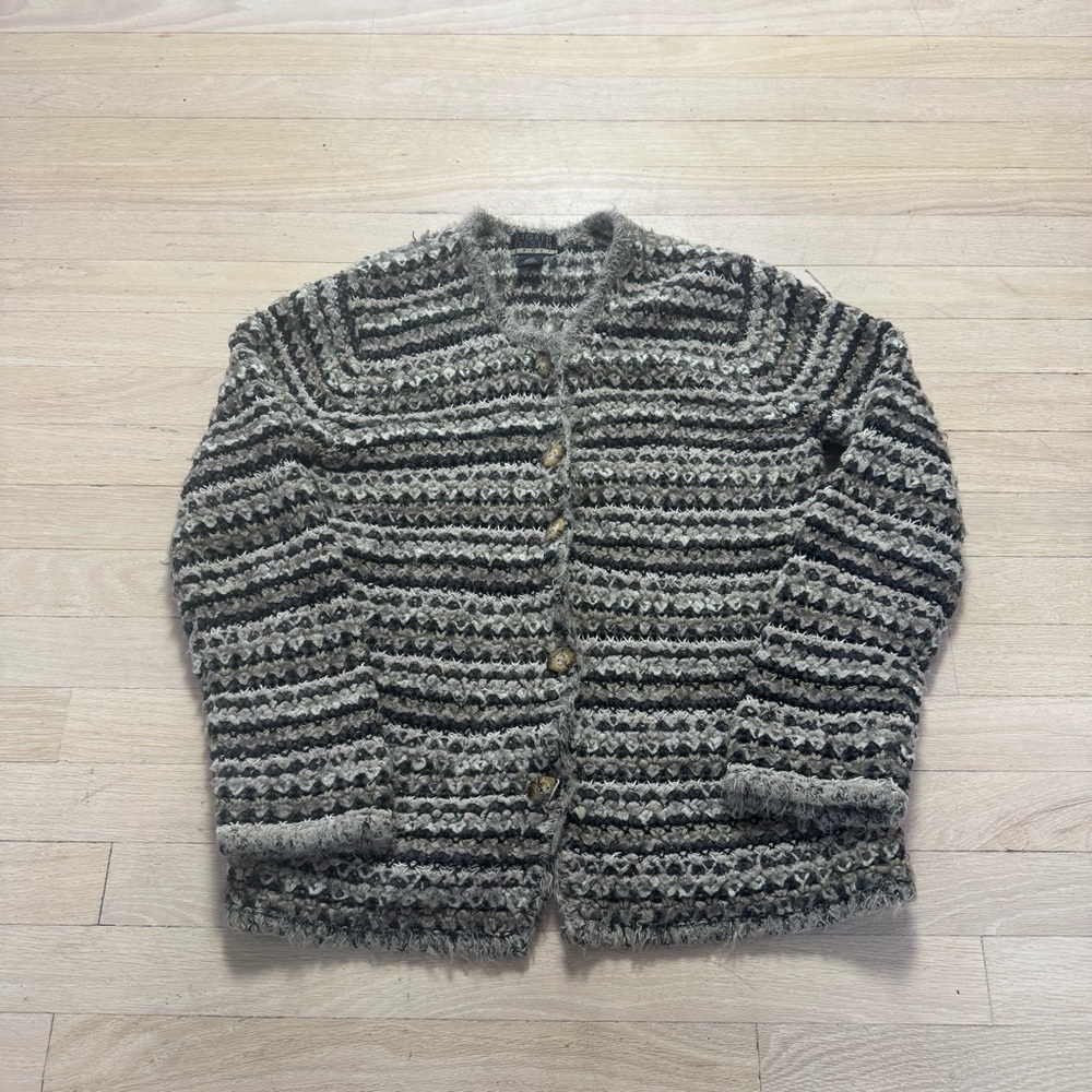 Vintage Sigrid Olsen Sport Textured Fringe Cardigan Sweater Black Gray XS Y2K